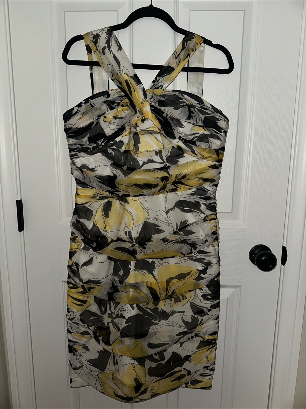 Carmen Marc Valvo Floral Halter Sheath Dress in Yellow, Black & White